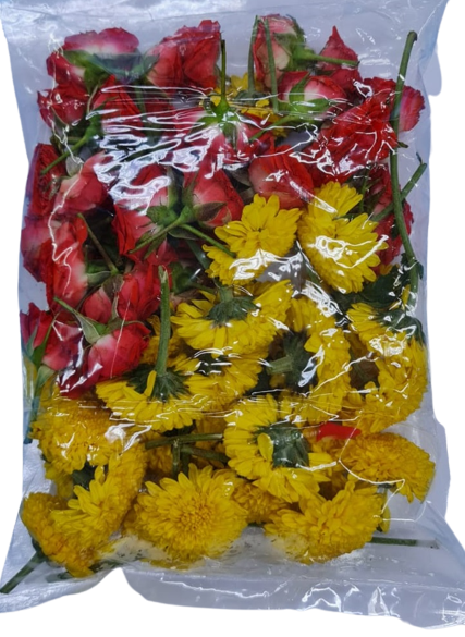 Red Rose Yellow Chamanthi Flowers Mix Packet (Aprox 150gm)